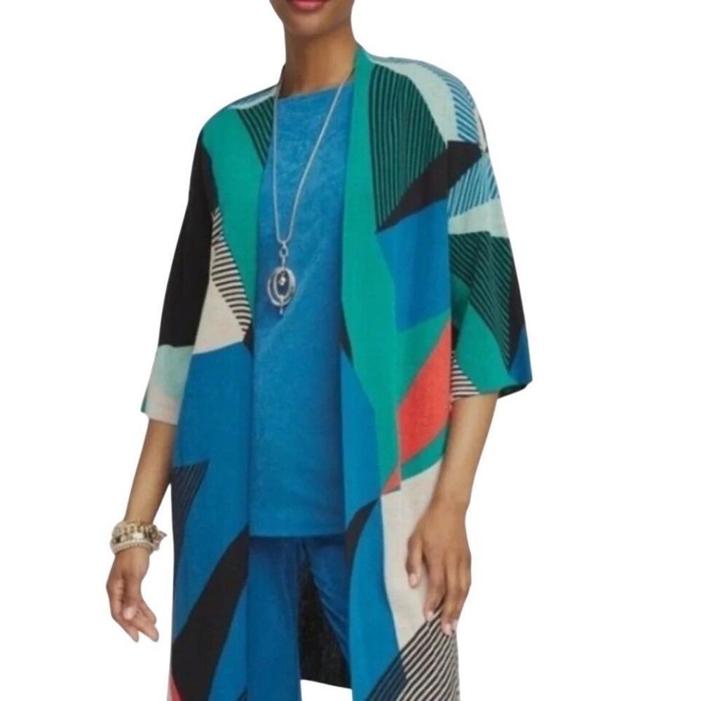 Chico's Travelers Kimono Cardigan Topper 2/ L Geometric Artsy Bold Color Block